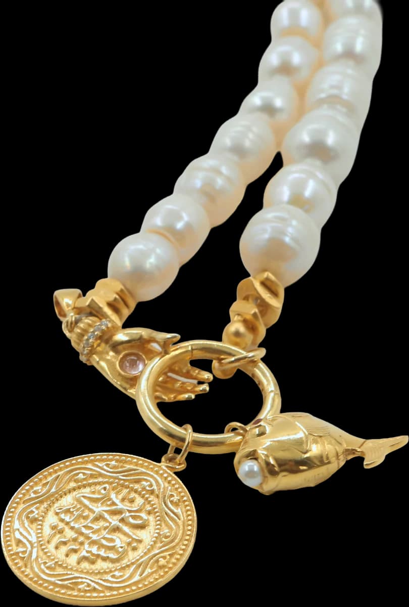 HERITAGE COIN & GOLDEN FISH CHARM İNCİ KOLYE 