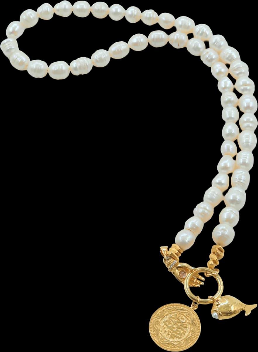 HERITAGE COIN & GOLDEN FISH CHARM İNCİ KOLYE 